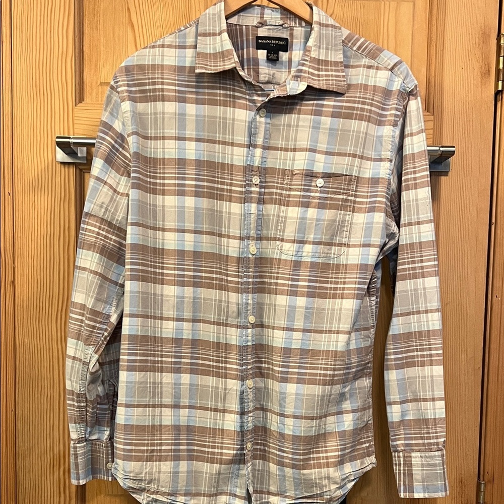 Banana Republic Men's Casual Plaid Cotton Shirt - Brown, Blue, Cream Sz L